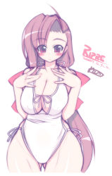 Rule 34 | 1girl, asymmetrical bangs, blush, bow, breasts, breasts squeezed together, brown hair, cleavage, huge breasts, long hair, mel/a, one-piece swimsuit, original, plump, red eyes, ripre, solo, swimsuit, very long hair