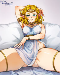 Rule 34 | 1girl, armpits, bare shoulders, blonde hair, blush, braid, breasts, gluteal fold, green eyes, hair ornament, medium breasts, mina cream, nintendo, official alternate hair length, official alternate hairstyle, parted bangs, parted lips, pointy ears, princess zelda, short hair, smile, solo, the legend of zelda, the legend of zelda: tears of the kingdom, thick thighs, thighs, triforce, triforce earrings