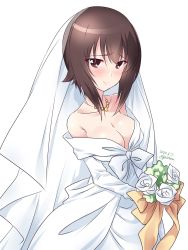 Rule 34 | 1girl, artist name, bare shoulders, blush, bouquet, breasts, bridal veil, brown eyes, brown hair, cleavage, closed mouth, collarbone, dated, dress, flower, girls und panzer, highres, jewelry, kuzuryuu kennosuke, looking at viewer, medium breasts, necklace, nishizumi maho, rose, short hair, simple background, smile, solo, veil, wedding dress, white background, white flower, white rose