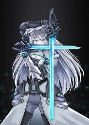Rule 34 | 1girl, black background, black gloves, blue eyes, breasts, cleavage cutout, clothing cutout, dual wielding, ethel (xenoblade), gloves, glowing, glowing sword, glowing weapon, grey hair, highres, holding, holding sword, holding weapon, large breasts, long coat, long hair, sarasadou dan, sword, weapon, xenoblade chronicles (series), xenoblade chronicles 3