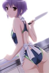 Rule 34 | 1girl, akahige, apron, ass, back, bright background, brown eyes, competition swimsuit, daikon, ears, holding, kitchen, kitchen knife, knife, looking at viewer, looking back, nagato yuki, one-piece swimsuit, purple hair, radish, short hair, solo, suzumiya haruhi no yuuutsu, swimsuit, thigh gap, white background