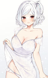 Rule 34 | 1girl, absurdres, bare shoulders, blush, clothes lift, dress, dress lift, highres, lifted by self, looking at viewer, norisukexxy, off shoulder, original, panties, red eyes, short hair, simple background, solo, underwear, white background, white dress, white hair, white panties