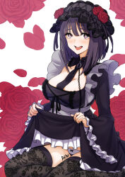 Rule 34 | 1girl, apron, black dress, black thighhighs, blush, body writing, breasts, chain, clothes lift, cosplay, dress, dress lift, eyelashes, floral background, floral print, flower, frilled apron, frills, garter belt, gothic lolita, highres, kitagawa marin, kuroe shizuku, kuroe shizuku (cosplay), large breasts, lifted by self, lolita fashion, long sleeves, looking at viewer, medium hair, no shoes, open mouth, panties, purple eyes, red flower, red rose, rose, sitting, smile, solo, sono bisque doll wa koi wo suru, symbol-shaped pupils, tally, thighhighs, thighs, tinticrin, underwear, white panties, wig