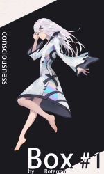 Rule 34 | 1girl, absurdres, artist name, barefoot, breasts, collared dress, covered eyes, dress, floating, grey hair, highres, long hair, long sleeves, original, rotarran, shiny clothes, sleeves past wrists, small breasts, solo, white dress, white hair, wide sleeves