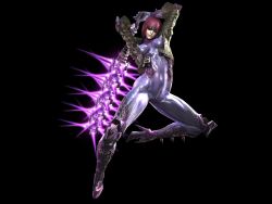 Rule 34 | 1girl, 3d, black background, bodysuit, breasts, club, club (weapon), covered erect nipples, female focus, full body, gloves, glowing, high heels, jacket, jumping, madworld, mathilda (madworld), max anarchy, navel, purple hair, sega, shiny clothes, shoes, simple background, skin tight, solo, spiked club, sunglasses, weapon