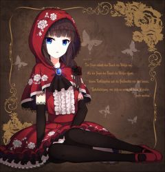 Rule 34 | 1girl, ascot, bad id, bad pixiv id, black gloves, black hair, black pantyhose, blue eyes, brooch, brown hair, bug, butterfly, capelet, dress, elbow gloves, floral print, flower, german text, gloves, hair flower, hair ornament, hood, insect, jewelry, little red riding hood, little red riding hood (grimm), long hair, looking at viewer, original, pantyhose, red dress, red flower, red rose, rin yuu, rose, sitting, solo