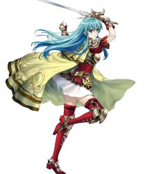 Rule 34 | 1girl, armor, asatani tomoyo, blue eyes, blue hair, breastplate, cape, earrings, eirika (fire emblem), fire emblem, fire emblem: the sacred stones, fire emblem heroes, full body, gloves, highres, holding, holding weapon, jewelry, long hair, nintendo, official art, short sleeves, shoulder pads, skirt, solo, sword, thighhighs, transparent background, weapon, zettai ryouiki