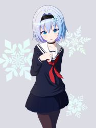 Rule 34 | 10s, 1girl, absurdres, black choker, black hairband, black pantyhose, black serafuku, black shirt, black skirt, blue eyes, blue hair, blush, choker, collarbone, commentary request, grey background, hair between eyes, hair ornament, hairband, head tilt, highres, long sleeves, looking at viewer, neckerchief, obustat, pantyhose, parted lips, pleated skirt, red neckerchief, ryuuou no oshigoto!, school uniform, serafuku, shirt, skirt, snowflake background, snowflake hair ornament, solo, sora ginko