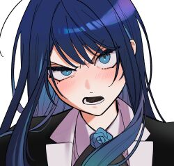 Rule 34 | 1girl, ado (utaite), angry, black bow, black bowtie, black coat, blue eyes, blue flower, blue hair, blue rose, blush, bow, bowtie, chando (ado), cloud nine inc, coat, collared shirt, commentary, floating hair, flower, flower brooch, highres, long hair, looking at viewer, lower teeth only, mole, mole under eye, open mouth, riseno, rose, shirt, sidelocks, simple background, solo, teeth, upper body, utaite, white background, white shirt