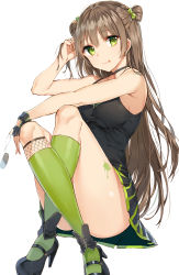 Rule 34 | 1girl, :p, absurdres, black dress, black footwear, black gloves, black skirt, blush, bow, breasts, brown hair, camisole, closed mouth, commentary, dog tags, double bun, dress, fingerless gloves, girls&#039; frontline, gloves, green bow, green eyes, green socks, hair between eyes, hair bow, hair bun, hand in own hair, high heels, highres, kneehighs, large breasts, long hair, looking at viewer, mary janes, pleated skirt, rfb (girls&#039; frontline), rikoma, shoes, short dress, simple background, single fingerless glove, single glove, sitting, skirt, smile, socks, solo, thighs, tongue, tongue out, white background