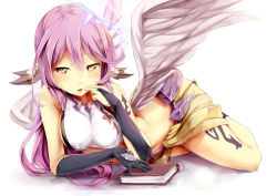 Rule 34 | 10s, 1girl, angel wings, book, breasts, spiked halo, covered erect nipples, feathered wings, halo, hand to own mouth, jibril (no game no life), large breasts, long hair, looking at viewer, lying, magic circle, multicolored eyes, navel, no game no life, on side, orange eyes, packge, purple eyes, purple hair, red eyes, shirt, solo, tattoo, taut clothes, taut shirt, wings, yellow eyes