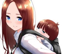 Rule 34 | 1boy, 1girl, absurdres, aged up, alternate hairstyle, antenna hair, blue eyes, blunt bangs, blush, brown hair, carrying, child, close-up, closed mouth, commentary request, eyelashes, forehead, from side, go-toubun no hanayome, highres, if they mated, long hair, looking at viewer, mame1645, mother and son, nakano miku, piggyback, shirt, short hair, simple background, smile, straight hair, white background, white shirt