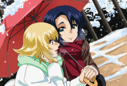 Rule 34 | 1boy, 1girl, artist name, athrun zala, blonde hair, blue hair, breath, brown jacket, cagalli yula athha, casual, couple, dating, fumiko (mesushi), green eyes, green scarf, gundam, gundam seed, gundam seed freedom, holding, holding hands, holding umbrella, jacket, light smile, looking at another, red scarf, red umbrella, scarf, short hair, smile, snow, snowing, umbrella, under umbrella, white jacket, winter, winter clothes, yellow eyes