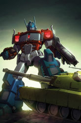 Rule 34 | autobot, blue eyes, casey w. coller, clenched hand, collaboration, commentary, english commentary, gun, head tilt, highres, holding, holding gun, holding weapon, insignia, looking down, mecha, military, military vehicle, motor vehicle, optimus prime, robot, solo, tank, transformers, weapon, wheel