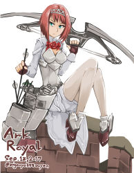 Rule 34 | 10s, 1girl, 2017, ark royal (kancolle), arrow (projectile), blue eyes, bob cut, bow (weapon), breasts, castle, character name, cleavage cutout, clothing cutout, compound bow, dated, engacyo (engacyo39800yen), fingerless gloves, gloves, hairband, highres, kantai collection, long sleeves, pantyhose, quiver, red hair, red ribbon, ribbon, short hair, shorts, sitting, small breasts, solo, tiara, twitter username, weapon, white pantyhose, white shorts