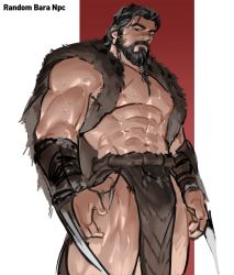 Rule 34 | 1boy, abs, arm hair, bara, bare pectorals, beard, bulge, chest hair, dopey (dopq), facial hair, feet out of frame, from below, fur (clothing), highres, jewelry, large pectorals, looking at viewer, male focus, mature male, muscular, muscular male, mustache, navel, necklace, nipples, original, pectorals, pelvic curtain, revealing clothes, short hair, solo, stomach, sweat, thick eyebrows, thick thighs, thighs, tooth necklace, unfinished, veins