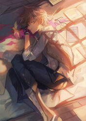 Rule 34 | 1boy, black gloves, black pants, blonde hair, book, boots, brooch, brown footwear, closed eyes, collared shirt, fate/grand order, fate (series), fetal position, foot out of frame, glasses, gloves, grey vest, hair between eyes, jekyll and hyde (fate), jewelry, light particles, liquid from mouth, lying, male focus, on floor, on side, open book, open clothes, open vest, pants, paper, parted lips, potion, shirt, short hair, sleeping, solo, spill, suspenders, teeth, tsugutoku, unworn eyewear, upper teeth only, vest, vial, white shirt, window shadow, wooden floor