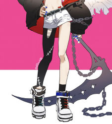 Rule 34 | 1girl, asymmetrical legwear, belt, black jacket, black thighhighs, chain, hand on own hip, holding, holding scythe, jacket, legs, lower body, midriff, multicolored nails, nail polish, navel, open clothes, open jacket, original, puffy sleeves, scythe, shoes, short shorts, shorts, single thighhigh, sneakers, socks, solo, standing, stomach, thighhighs, thighs, torn clothes, torn legwear, type-alpha, uneven legwear, white footwear, white shorts