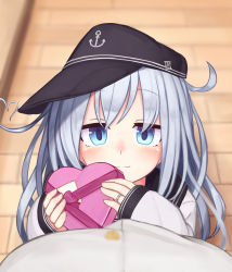 Rule 34 | 1boy, 1girl, admiral (kancolle), ahoge, anchor symbol, bad id, bad pixiv id, black hat, black sailor collar, blurry, blush, box, commentary, covered mouth, depth of field, eyes visible through hair, flat cap, from above, gift, gift box, hat, heart, heart-shaped box, heart ahoge, hibiki (kancolle), highres, holding, holding box, holding gift, jewelry, kantai collection, long hair, long sleeves, looking at viewer, looking up, pavement, pov, reitou mikan, ring, sailor collar, school uniform, serafuku, sideways hat, silver hair, sleeves past wrists, smile, solo focus, valentine, wedding band