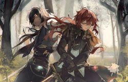 Rule 34 | 2boys, black hair, blue eyes, commentary request, cowboy shot, day, diluc (genshin impact), eyepatch, forest, genshin impact, grass, highres, holding, holding sword, holding weapon, kaeya (genshin impact), long sleeves, long sword, male focus, multiple boys, nature, outdoors, red hair, short hair, smile, standing, sword, utsuhostoria, weapon