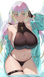 Rule 34 | 1girl, absurdres, bikini, black bikini, black gloves, black scrunchie, blonde hair, breasts, closed mouth, collarbone, commentary, cupitan (granblue fantasy), cupitan (summer) (granblue fantasy), gloves, gradient background, granblue fantasy, hair between eyes, hair ornament, hair scrunchie, half-closed eyes, highres, huge breasts, large breasts, light smile, long hair, looking at viewer, low twintails, micchan (micchanmeido), navel, pink hair, scrunchie, sideboob, skindentation, solo, swimsuit, thigh strap, thighs, twintails, wading, water, wet