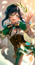 Rule 34 | 1boy, androgynous, argyle, argyle clothes, argyle legwear, beret, black hair, blue hair, blush, bow, braid, brooch, cape, collared cape, collared shirt, commentary request, corset, falling petals, feathers, flower, frilled sleeves, frills, gem, genshin impact, gradient hair, green cape, green eyes, green hat, green shorts, hat, hat flower, jewelry, kokollet, leaf, long sleeves, looking at viewer, male focus, multicolored hair, open mouth, pantyhose, petals, pinwheel, shirt, short hair with long locks, shorts, side braids, sidelocks, simple background, smile, solo, sparkle, twin braids, venti (genshin impact), vision (genshin impact), white flower, white pantyhose, white shirt