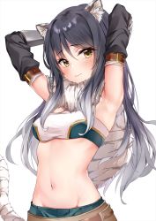 Rule 34 | 1girl, animal ear fluff, animal ears, armpits, arms up, belt, black hair, blush, breasts, closed mouth, commentary request, detached sleeves, fur scarf, groin, hair between eyes, highres, long hair, looking at viewer, marisasu (marisa0904), medium breasts, navel, princess connect!, shiori (princess connect!), simple background, solo, stomach, strapless, tail, tiger ears, tiger tail, tube top, white background, yellow eyes