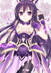 Rule 34 | 10s, 1girl, armor, armored dress, blush, breasts, cowboy shot, date a live, dress, fingerless gloves, gloves, ikeda yuuki, long hair, looking at viewer, md5 mismatch, open mouth, purple dress, purple eyes, purple hair, resolution mismatch, ribbon, short sleeves, solo, source smaller, tareme, thighhighs, very long hair, yatogami tooka