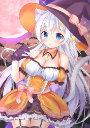 Rule 34 | 1girl, :o, absurdres, animal ear fluff, animal ears, bat (animal), blue eyes, blush, bow, breasts, cat ears, cat girl, cat tail, cleavage, dress, frills, garter straps, gloves, hair between eyes, hair ornament, halloween, hand up, hat, hat bow, highres, jewelry, kurashina yuzuki, large breasts, long hair, looking at viewer, moon, necklace, open mouth, orange dress, original, pink bow, solo, tail, thighhighs, white hair, white tail, witch, witch hat