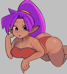 Rule 34 | 1girl, :o, absurdres, ass, bare shoulders, bikini, breasts, commentary, dark-skinned female, dark skin, grey background, highres, large breasts, long hair, looking at viewer, lying, pointy ears, ponytail, purple hair, red bikini, shantae, shantae (series), simple background, solo, strapless, swimsuit, thighs, xeno (xenoglitch)