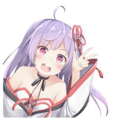 Rule 34 | 1girl, :d, ahoge, armpit crease, bare shoulders, black choker, blush, choker, collarbone, hair ribbon, hand up, japanese clothes, kimono, long hair, long sleeves, looking at viewer, off shoulder, one side up, open mouth, pirason, purple hair, red eyes, red ribbon, ribbon, ribbon choker, sanpaku, sidelocks, smile, solo, takatsuki ritsu, takatsuki ritsu channel, transparent background, upper body, virtual youtuber, w, white kimono, wide sleeves