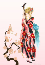 Rule 34 | 1girl, blonde hair, closed mouth, earrings, floral background, floral print, from side, full body, gradient background, instrument, japanese clothes, jewelry, kimono, long hair, long sleeves, miyabi akino, nadeshiko doremisora, pink background, sandals, smile, solo, standing, striped clothes, striped kimono, stud earrings, tabi, vertical-striped clothes, vertical-striped kimono, white background, wide sleeves, yellow eyes, zouri