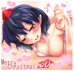 Rule 34 | 1girl, bad id, bad pixiv id, black hair, blanket, blush, breasts, christmas, cleavage, female focus, hat, heart, large breasts, looking at viewer, one eye closed, open mouth, pillow, pointy ears, red eyes, shameimaru aya, short hair, smile, solo, taketora suzume, tokin hat, touhou, under covers, wink