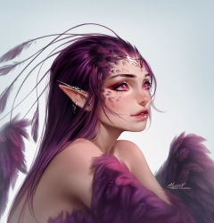 Rule 34 | 1girl, aleriia v, artist name, commentary, ear piercing, earrings, english commentary, eyeshadow, feathered wings, feathers, hair slicked back, harpy, highres, jewelry, long hair, looking away, makeup, monster girl, nude, original, parted lips, piercing, pointy ears, purple eyes, purple eyeshadow, purple feathers, purple wings, simple background, solo, tiara, white background, winged arms, wings