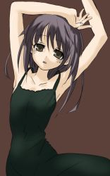 Rule 34 | 1girl, armpits, arms up, black dress, brown hair, collarbone, dress, expressionless, long hair, looking at viewer, open mouth, original, simple background, solo, soubi