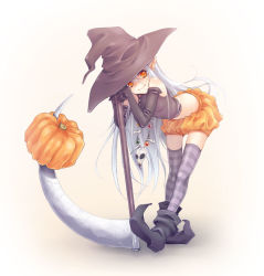 Rule 34 | 1girl, elbow gloves, elf, gloves, halloween, hat, orange eyes, original, pointy ears, pumpkin, scythe, solo, striped clothes, striped thighhighs, thighhighs, torazou, white hair, witch hat