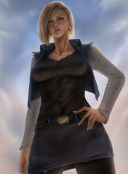 Rule 34 | 1girl, android 18, arm at side, artist name, belt, belt buckle, black belt, black pantyhose, black shirt, blonde hair, blue eyes, blue jacket, blue skirt, blue sky, breasts, buckle, collarbone, cropped jacket, cutoffs, denim, denim jacket, denim skirt, dragon ball, dragonball z, earrings, female focus, hand on own hip, highres, impossible clothes, impossible shirt, jacket, jewelry, legs apart, lips, long sleeves, looking at viewer, medium breasts, miniskirt, nose, open clothes, open jacket, pantyhose, parted lips, shirt, short hair, skirt, sky, solo, striped sleeves, swept bangs, tight clothes, tight shirt, watermark, wtparadise