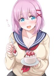 Rule 34 | 1girl, :d, blue eyes, blue sailor collar, blush, breasts, cake, cardigan, cleavage, collarbone, feeding, food, fruit, hair between eyes, hair ornament, hairclip, hand up, head tilt, highres, holding, holding plate, holding spoon, kibihimi, large breasts, long sleeves, looking to the side, medium hair, neckerchief, open mouth, original, pink hair, plate, red neckerchief, sailor collar, school uniform, serafuku, sideways glance, simple background, smile, solo, spoon, straight-on, strawberry, strawberry shortcake, tongue, upper body, white background, x hair ornament, yellow cardigan