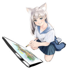 Rule 34 | 1girl, animal ear fluff, animal ears, azelweien, blue eyes, blue skirt, blush, breasts, cat ears, cat girl, collarbone, highres, holding, jacket, long hair, looking at viewer, medium breasts, original, paintbrush, painting (action), pleated skirt, sailor collar, seiza, shirt, shoes, silver hair, sitting, sketch, skirt, smile, solo, white shirt