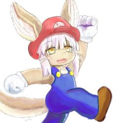 Rule 34 | 10s, artist request, brown eyes, cosplay, furry, grin, hat, looking at viewer, lowres, made in abyss, mario, mario (cosplay), mario (series), nanachi (made in abyss), nintendo, open mouth, rabbit, smile, super mario bros. 1, tail, white hair
