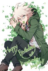 Rule 34 | 1boy, black footwear, black pants, character name, clover, coat, commentary, commentary request, danganronpa (series), danganronpa 2: goodbye despair, dated, four-leaf clover, from above, green coat, grey eyes, grey hair, grey shirt, hair between eyes, happy birthday, highres, holding, hood, hood down, hooded coat, komaeda nagito, long sleeves, looking at viewer, lying, male focus, medium hair, on side, open clothes, open coat, pants, print shirt, shaguo, shirt, simple background, smile, solo, symbol-only commentary, white background, white hair