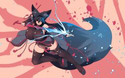 Rule 34 | 1girl, animal ear fluff, animal ears, bare shoulders, black hair, black kimono, breasts, cherry blossoms, ear piercing, flower knot, fox ears, fox girl, fox tail, full body, gloves, hair between eyes, hair ornament, hairclip, highres, holding, holding sword, holding weapon, huge breasts, japanese clothes, kimono, kiri (sub-res), large tail, lightning, long hair, okobo, open mouth, original, piercing, platform footwear, sandals, sideboob, solo, sub-res, sword, tabi, tail, tassel, thighhighs, weapon, wide sleeves, zettai ryouiki
