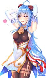Rule 34 | 1girl, ahoge, armpits, arms up, bell, black pantyhose, blue hair, blush, breasts, chinese knot, covered erect nipples, detached sleeves, endsmall min, flower knot, ganyu (genshin impact), genshin impact, gold trim, heart, highres, horns, long hair, looking at viewer, low ponytail, medium breasts, neck bell, paid reward available, pantyhose, pelvic curtain, purple eyes, red rope, rope, sideboob, sidelocks, smile, solo, standing, sweat, tassel, thighlet, thighs, very long hair, vision (genshin impact), white background, white sleeves