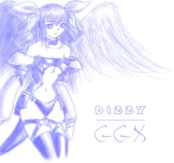 Rule 34 | 1girl, :o, arc system works, blue theme, blush, breasts, center opening, character name, choker, collarbone, detached sleeves, dizzy (guilty gear), guilty gear, hair ribbon, long hair, midriff, monochrome, navel, open mouth, ribbon, simple background, solo, standing, thighhighs, underboob, very long hair, white background, wings
