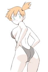 Rule 34 | 1girl, ass, asymmetrical hair, bare shoulders, blush, breasts, caisama, caisamax, creatures (company), game freak, gen 1 pokemon, gym leader, hair bun, highleg, highleg swimsuit, legs, looking at viewer, looking back, misty (pokemon), nintendo, one-piece swimsuit, orange hair, pokemon, pokemon rgby, ponytail, shiny skin, short hair, side ponytail, sideboob, simple background, single hair bun, solo, spread legs, swimsuit, thighs, wide hips