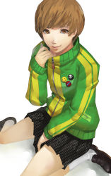 Rule 34 | 1girl, blazpu, brown eyes, brown hair, closed mouth, commentary, green jacket, highres, jacket, looking at viewer, persona, persona 4, satonaka chie, school uniform, short hair, simple background, skirt, smile, socks, solo, track jacket, white background