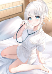 Rule 34 | 1girl, absurdres, arm support, bare legs, barefoot, bed, blue eyes, blush, breasts, closed mouth, commentary, dress shirt, full body, hand up, highres, holding, holding stethoscope, indoors, karijo, legs, looking at viewer, medium breasts, medium hair, naked shirt, nurse, on bed, pillow, ponytail, shirt, short sleeves, sidelocks, siesta (tantei wa mou shindeiru), sitting, smile, solo, stethoscope, tantei wa mou shindeiru, white hair, white shirt, yokozuwari