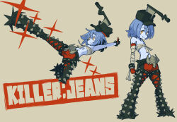 Rule 34 | 1girl, axe, belt, black belt, black headwear, black pants, blue hair, blue skin, brown background, closed mouth, colored skin, commentary request, cross-laced pants, flat chest, full body, gram 9, hat, highres, kicking, killer:jeans, looking at viewer, meme attire, open mouth, original, pants, red pants, sarashi, short hair, simple background, smile, sparkle, spiked pants, standing, yellow eyes