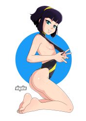 Rule 34 | 1girl, :d, absurdres, adjusting clothes, adjusting swimsuit, aqua eyes, artist name, ass, backless swimsuit, barefoot, black hair, black one-piece swimsuit, blue background, blunt bangs, blunt ends, bob cut, body freckles, breasts, circle, clothes pull, commentary, commission, dude-doodle, english commentary, feet, freckles, from side, full body, furrowed brow, grin, hairband, halterneck, highleg, highleg swimsuit, highres, inverted bob, kasia mikolajczyk (silverfox442), kneeling, looking at viewer, looking to the side, naughty face, nipples, one-piece swimsuit, one-piece swimsuit pull, open mouth, original, parted lips, pulled by self, short hair, sideboob, signature, small breasts, smile, soles, solo, swimsuit, toes, two-tone swimsuit, white background, yellow hairband, yellow one-piece swimsuit
