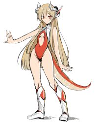 Rule 34 | 1girl, absurdres, artist request, bare shoulders, blonde hair, boots, breasts, clothing cutout, commentary, concept art, dragon girl, dragon horns, dragon tail, english commentary, expressionless, full body, godgear ragdrahod, highleg, highleg leotard, highres, horns, key iii (godgear ragdrahod), leotard, long hair, mechanical horns, red eyes, second-party source, sketch, small breasts, solo, stomach cutout, tail, very long hair